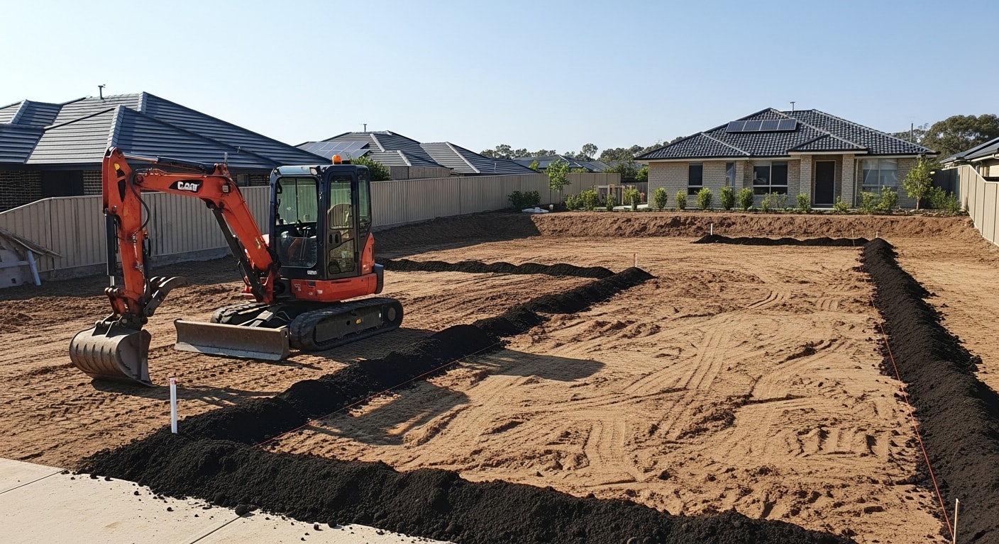 Excavator working on site preparation for new construction