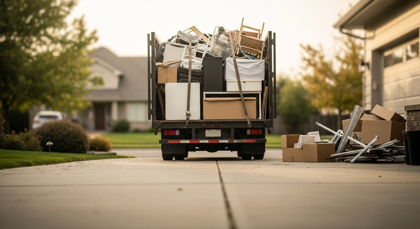 Junk removal truck loaded with household items and debris