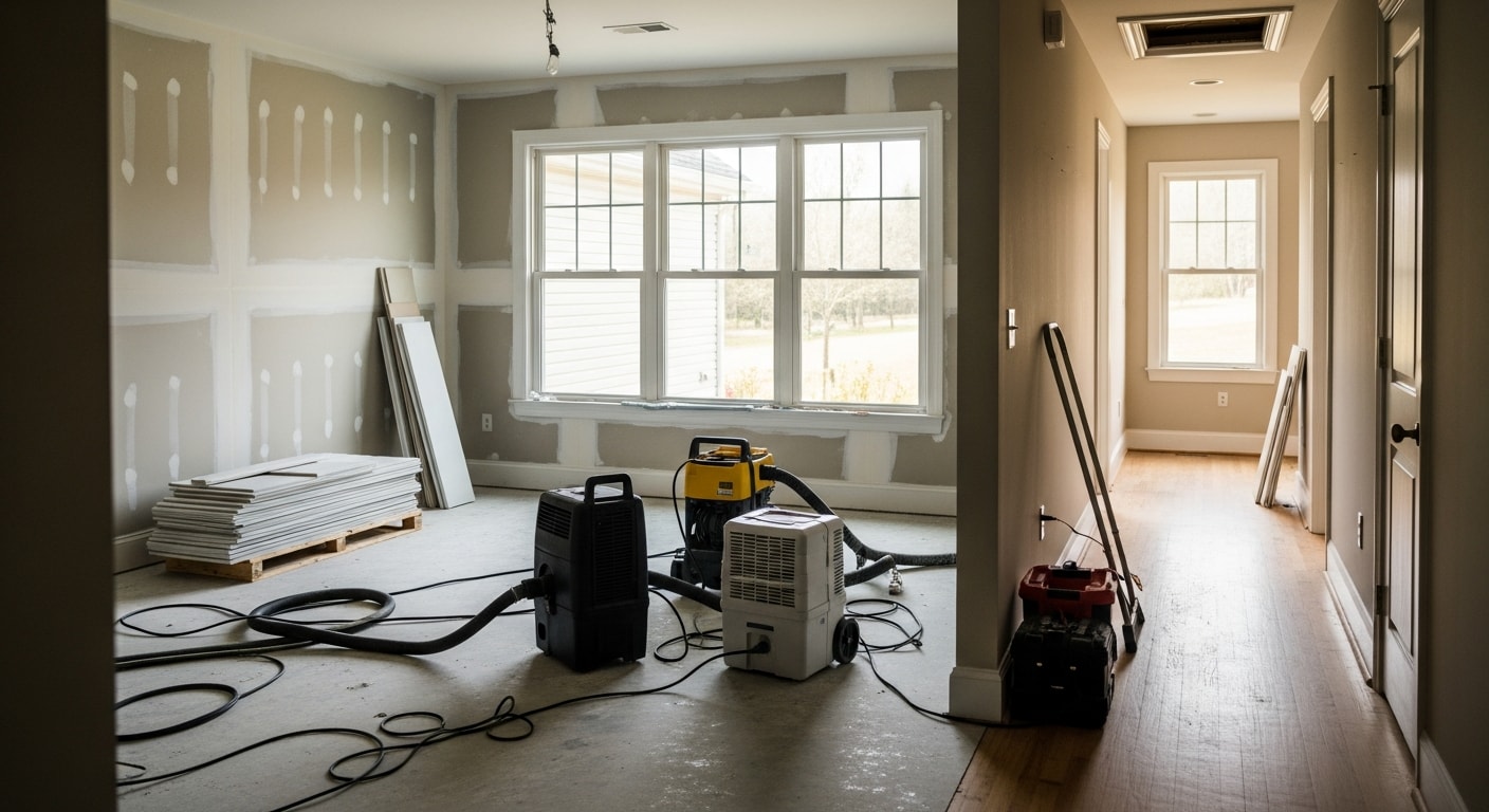 Restoration crew removing damaged materials from fire-affected room