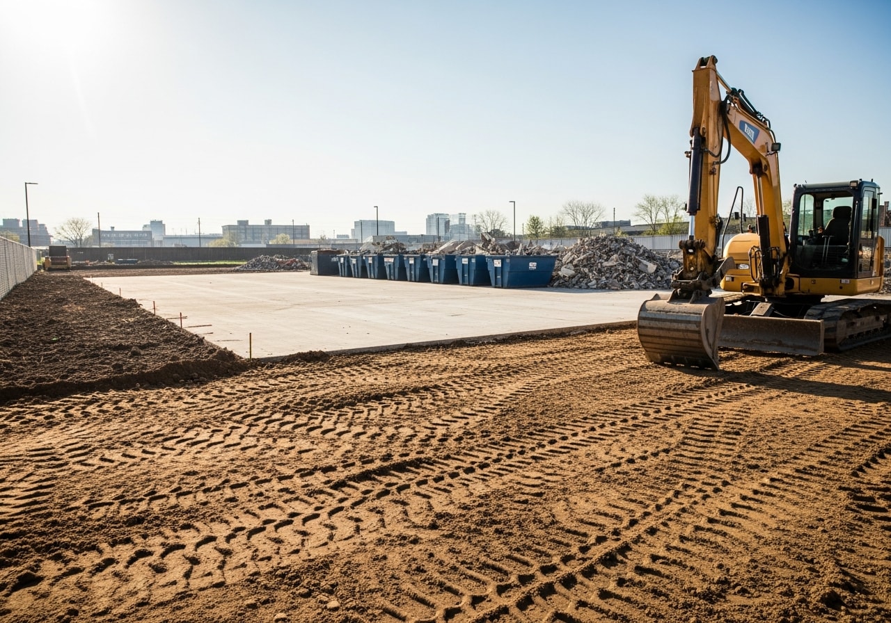 Cleared commercial lot after full structure demolition in Cincinnati, Ohio