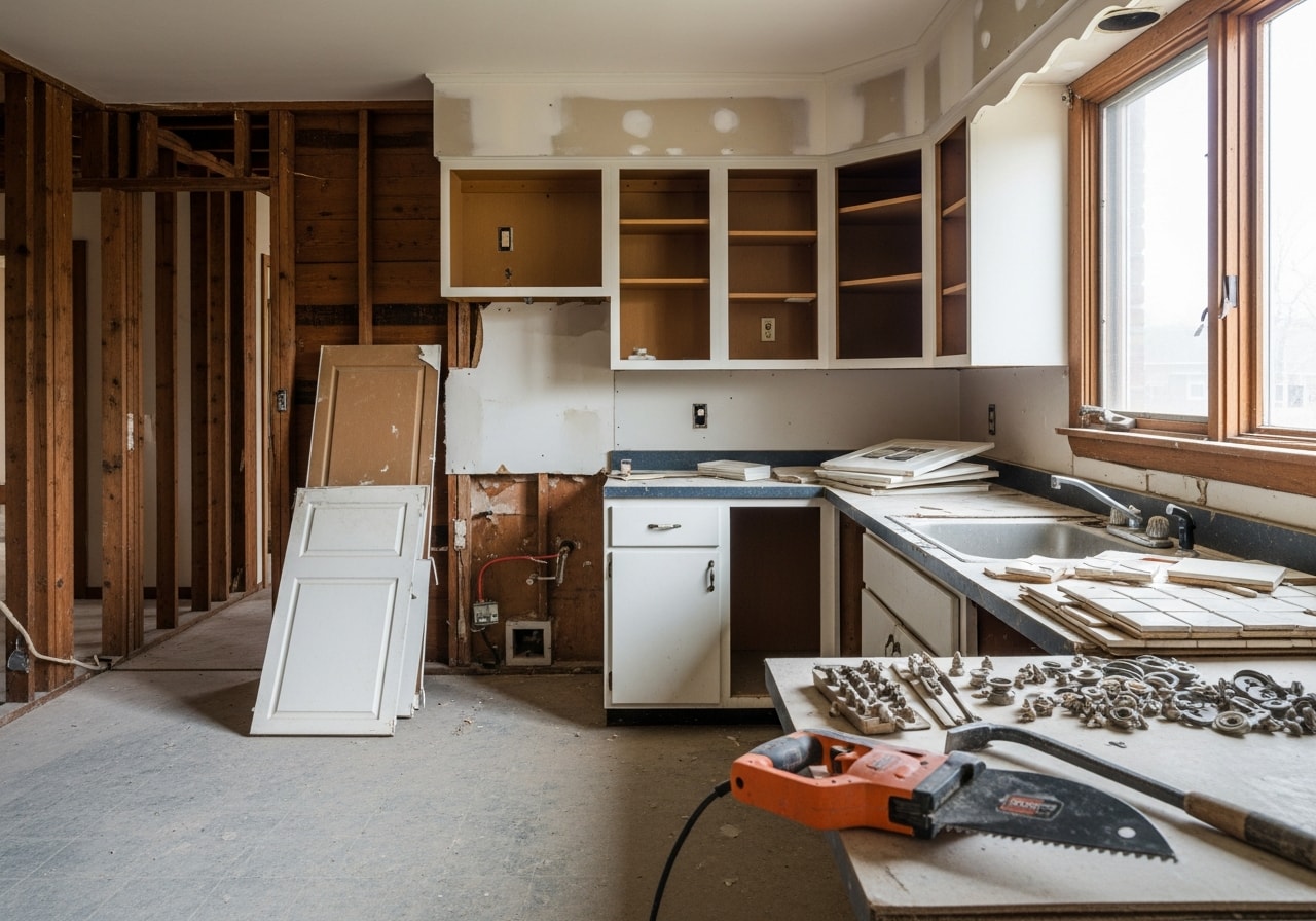 Gutted kitchen and bathroom interior ready for renovation in Cincinnati, Ohio