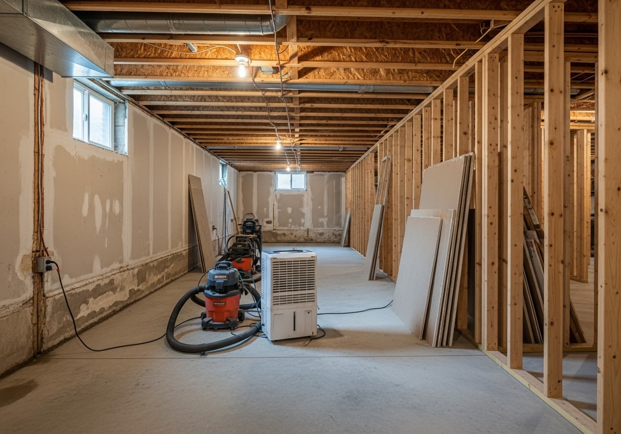 Residential basement after water extraction and damage cleanup in Florence, Kentucky