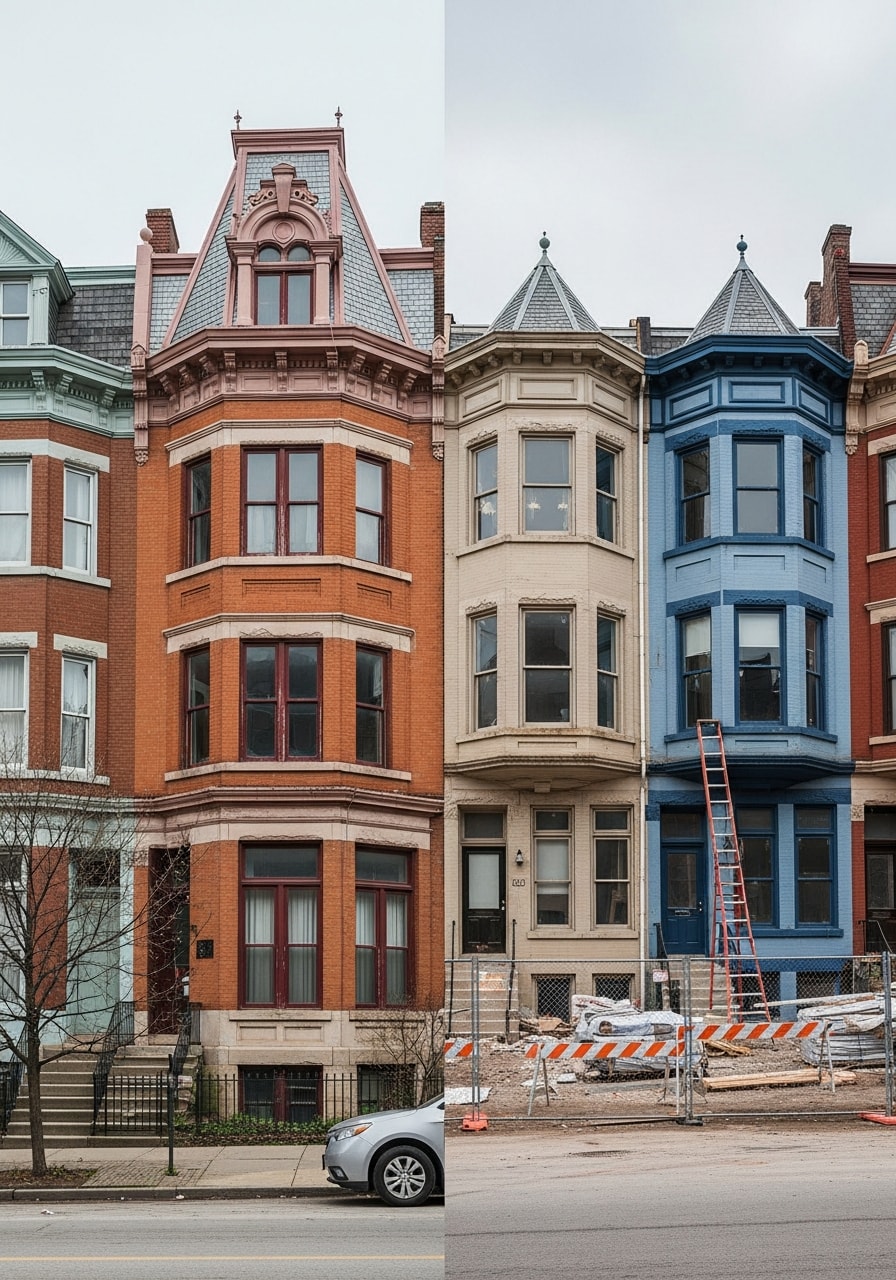 A professional contractor reviewing project details on a Cincinnati residential property with period architecture.