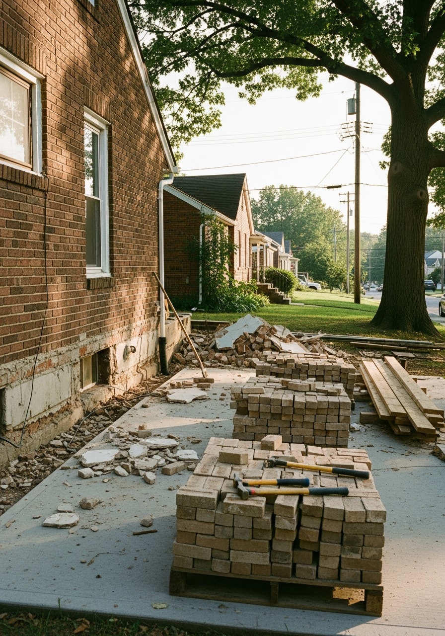 A skilled tradesperson working on a home exterior project in a typical Northern Kentucky suburban setting.