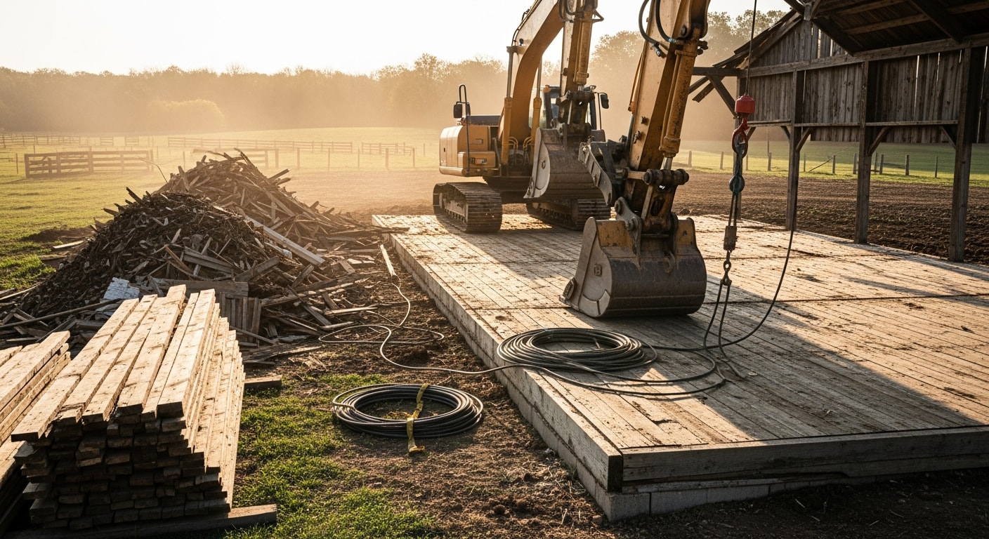 A wood-frame barn in various stages of demolition on a rural Northern Kentucky property, with debris staged for removal and cleared ground visible around the structure.