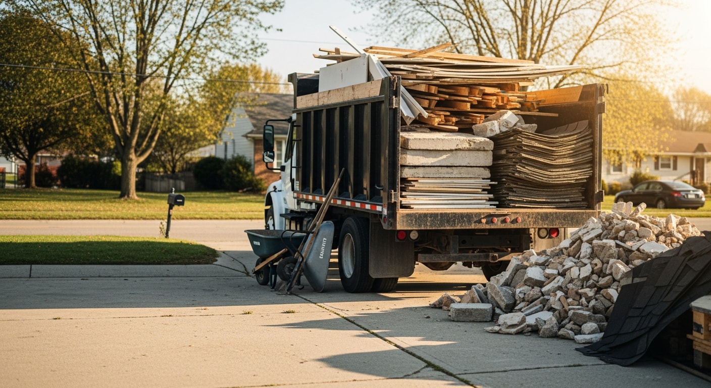 A cleared NKY residential job site with a loaded Demo Brothers hauling truck parked in the driveway after a remodel debris pickup. Stacks of removed drywall, lumber, and flooring materials are loaded in the truck bed, leaving the property clean and accessible.