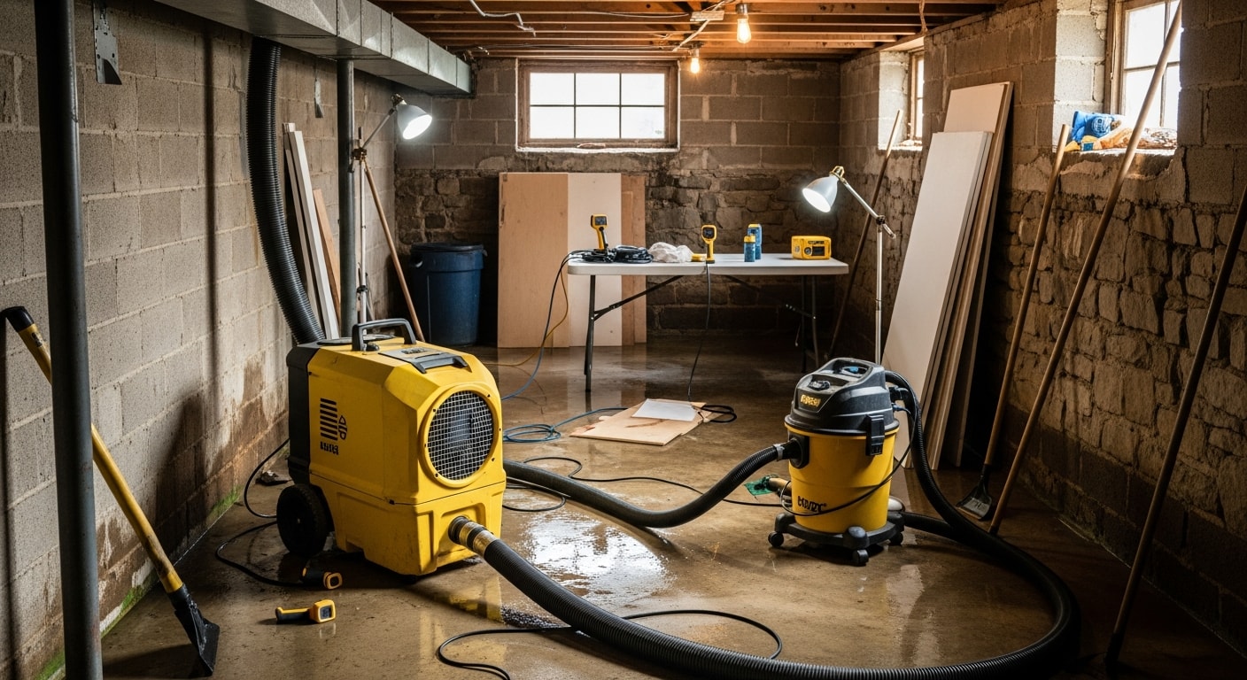 A Northern Kentucky home interior showing a cleared and dried basement after emergency water damage cleanup, with cleaned concrete floors and no standing water. Demo Brothers crew equipment visible near the walls during the restoration process.
