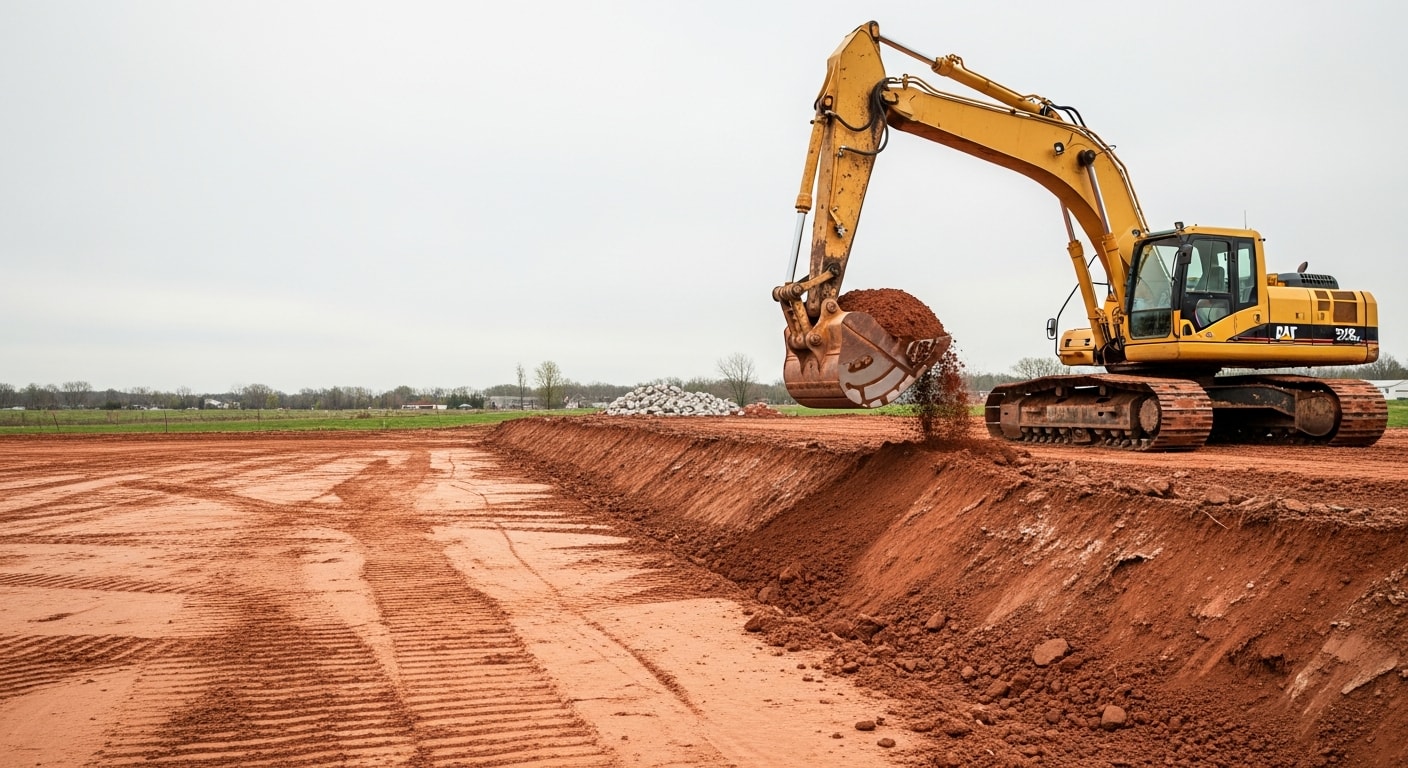 A tracked excavator cutting and grading a sloped residential lot in Northern Kentucky, with exposed clay soil and cleared land ready for foundation work. Earthwork in progress on a NKY construction site showing clean trench lines and graded terrain.