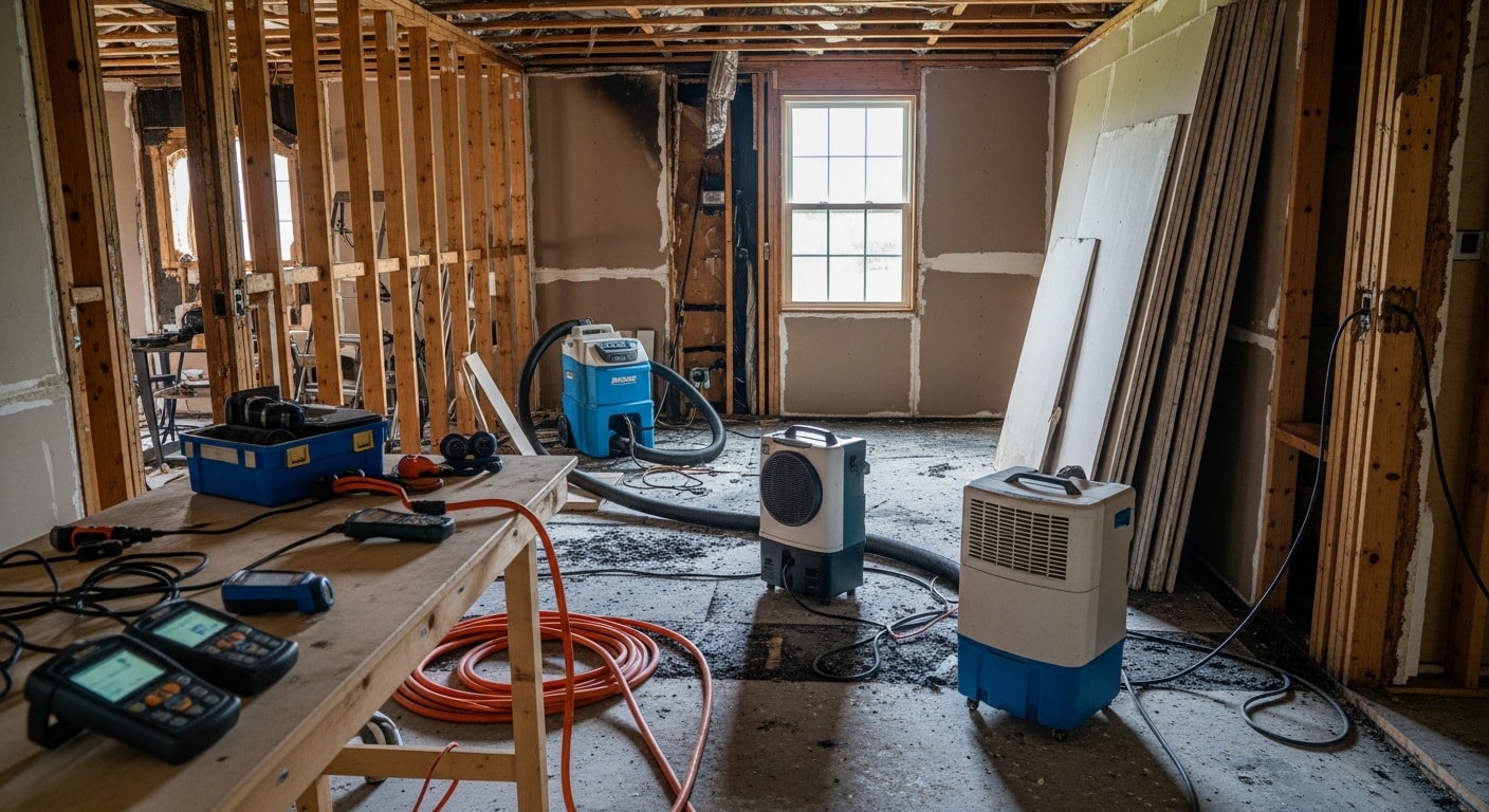 Interior of a Northern Kentucky home showing fire and soot damage on walls and ceiling during professional cleanup. A restoration technician removes charred drywall and debris in a smoke-stained room.