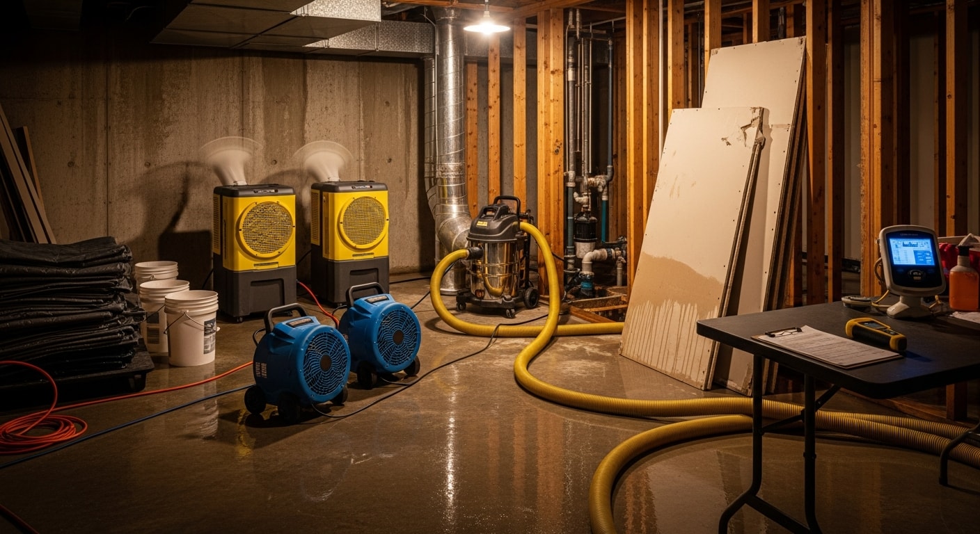 A Demo Brothers technician extracting standing water from a flooded basement in a Northern Kentucky home near the Ohio River. Wet flooring and saturated drywall are visible along the lower walls.