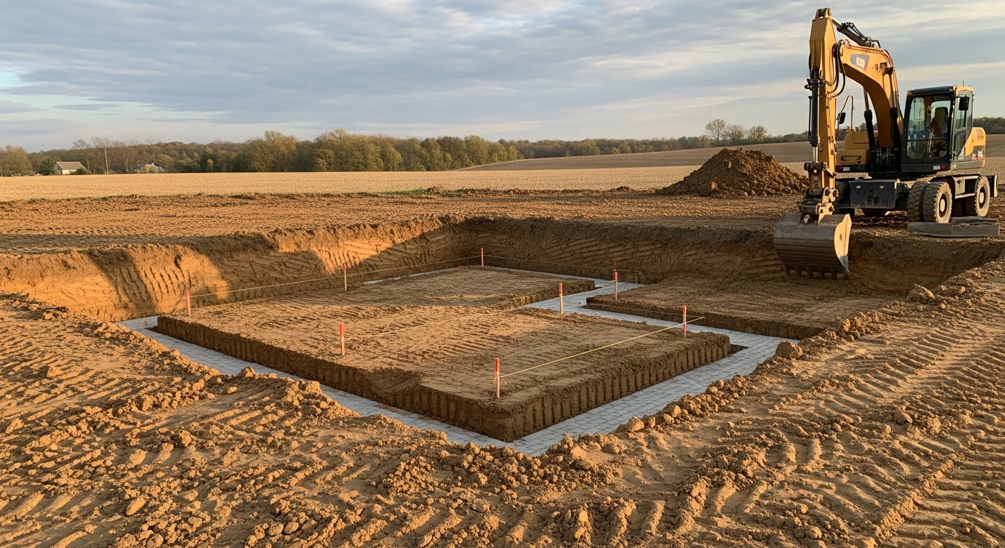 A tracked excavator cutting a deep foundation trench on a residential lot in Northern Kentucky, with exposed clay soil walls and a graded building pad visible in the foreground.