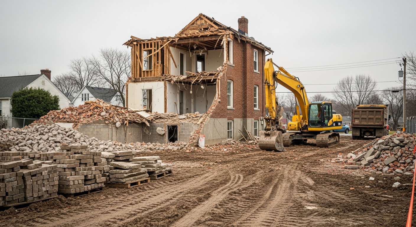 A full structure demolition in progress in Northern Kentucky, with an excavator breaking down the exterior walls of a wood-frame residential home. The surrounding lot is clear and the debris is staged for hauling.