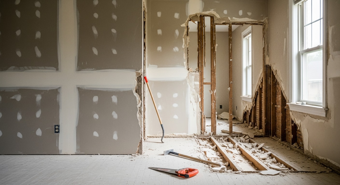 Interior of a Northern Kentucky home mid-demolition, with drywall removed down to the studs and debris staged for removal. A cleared room ready for renovation framing work.