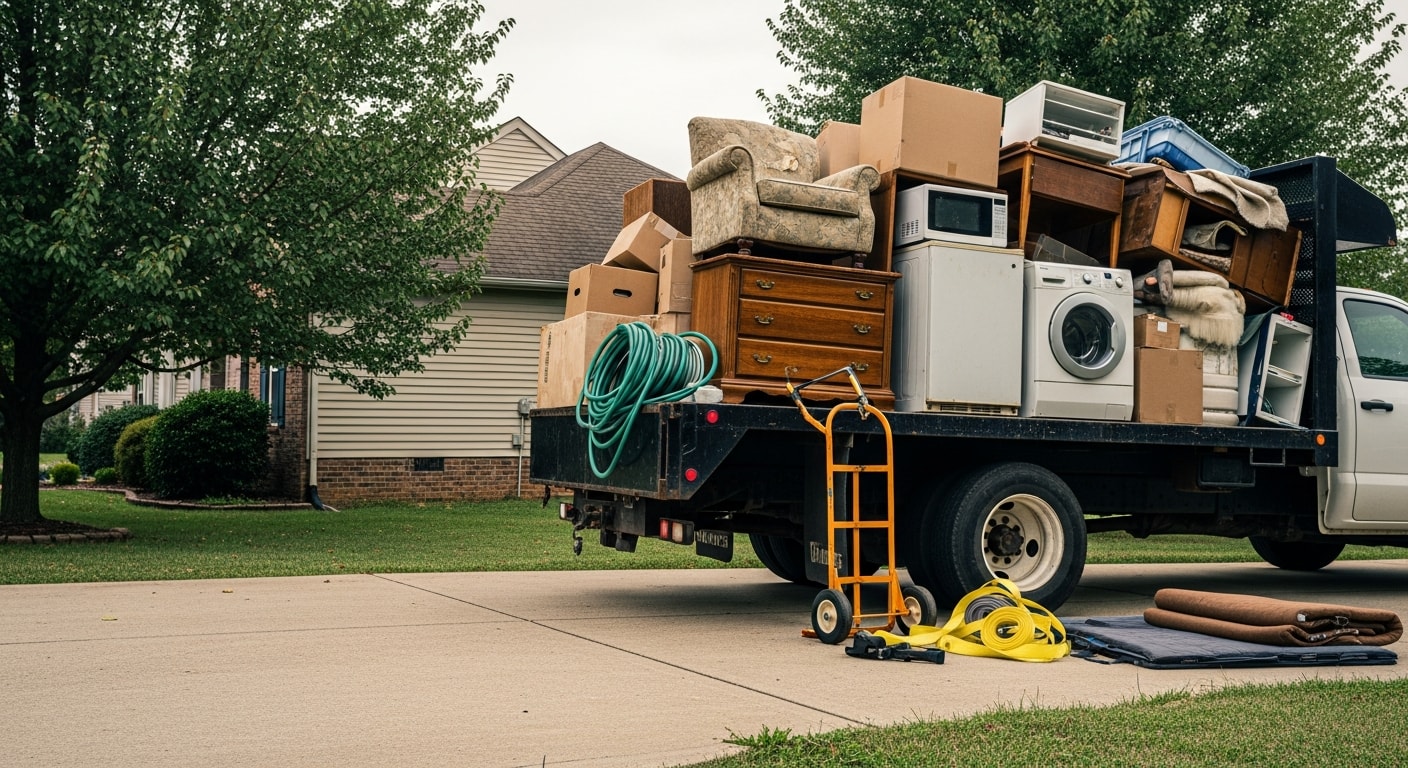 A cleared residential garage in Northern Kentucky after a full junk removal service by Demo Brothers, with empty floor space and no remaining debris. Old furniture and appliance items are loaded into a haul-away truck parked in the driveway.