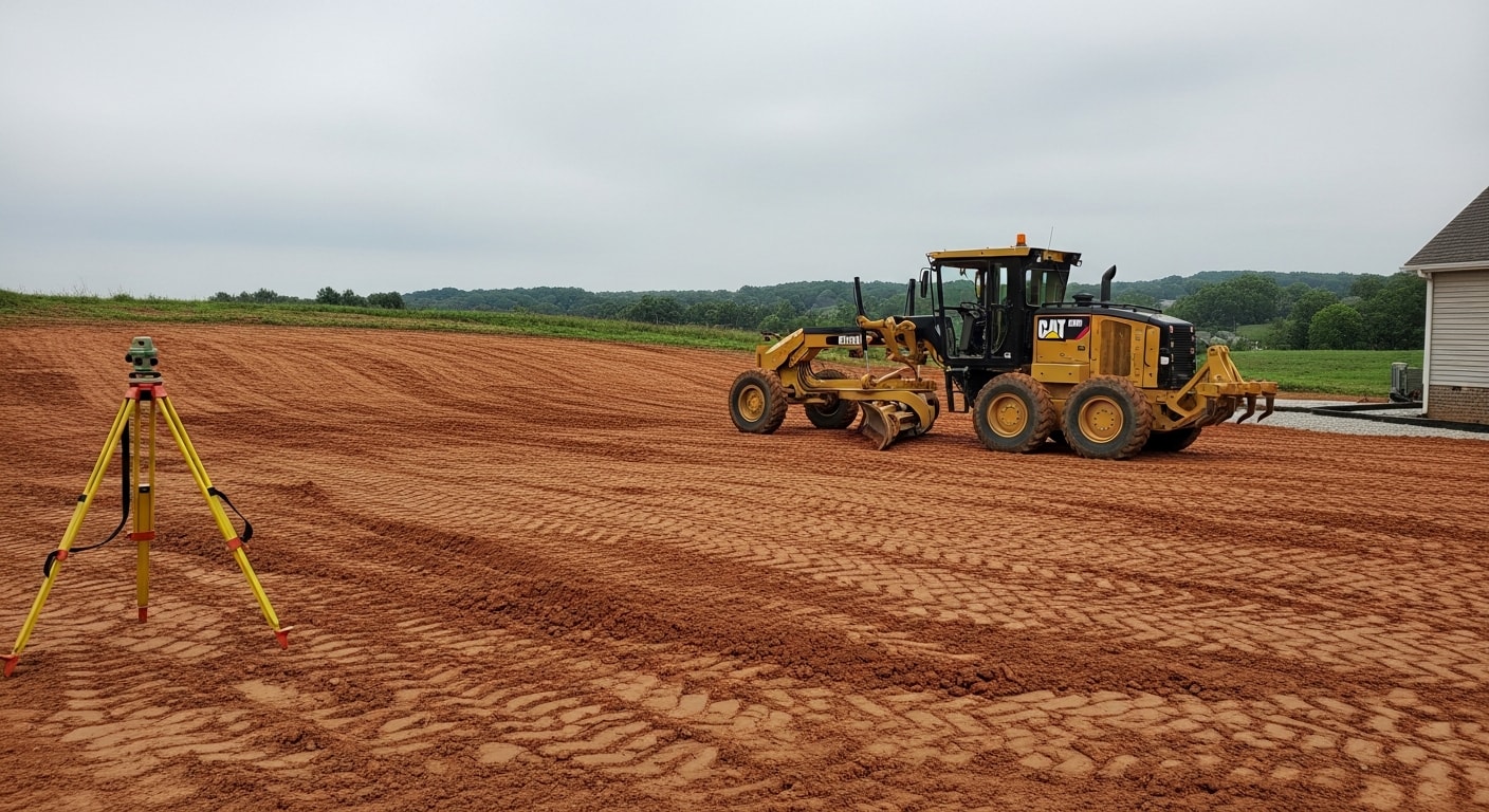 A Demo Brothers excavator grading a sloped residential lot in Northern Kentucky, with freshly moved soil shaped into a level building pad and positive drainage slope away from the home site.
