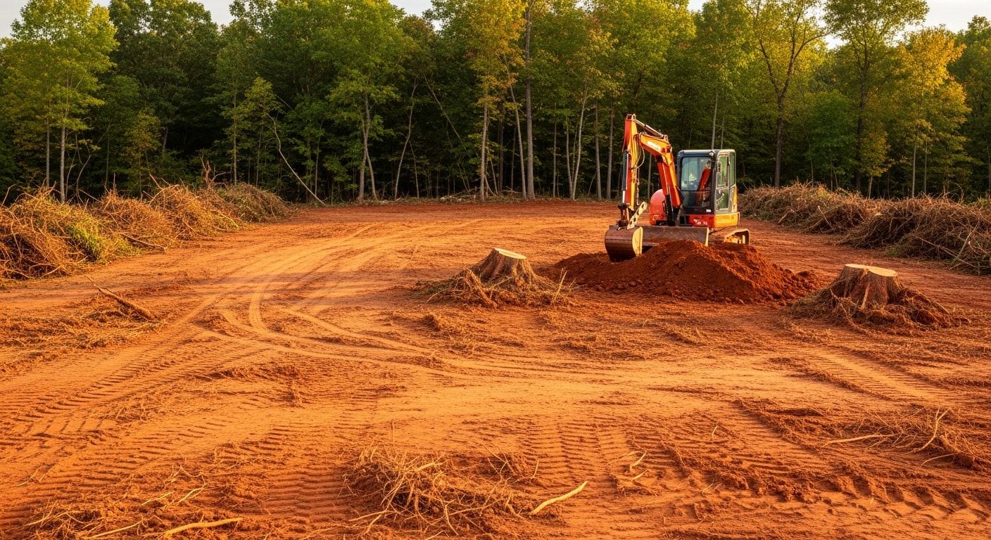 A freshly cleared residential lot in Northern Kentucky with stumps and brush removed, graded soil visible, and surrounding tree line intact. Excavation equipment staged at the edge of the cleared lot in a Boone County setting.