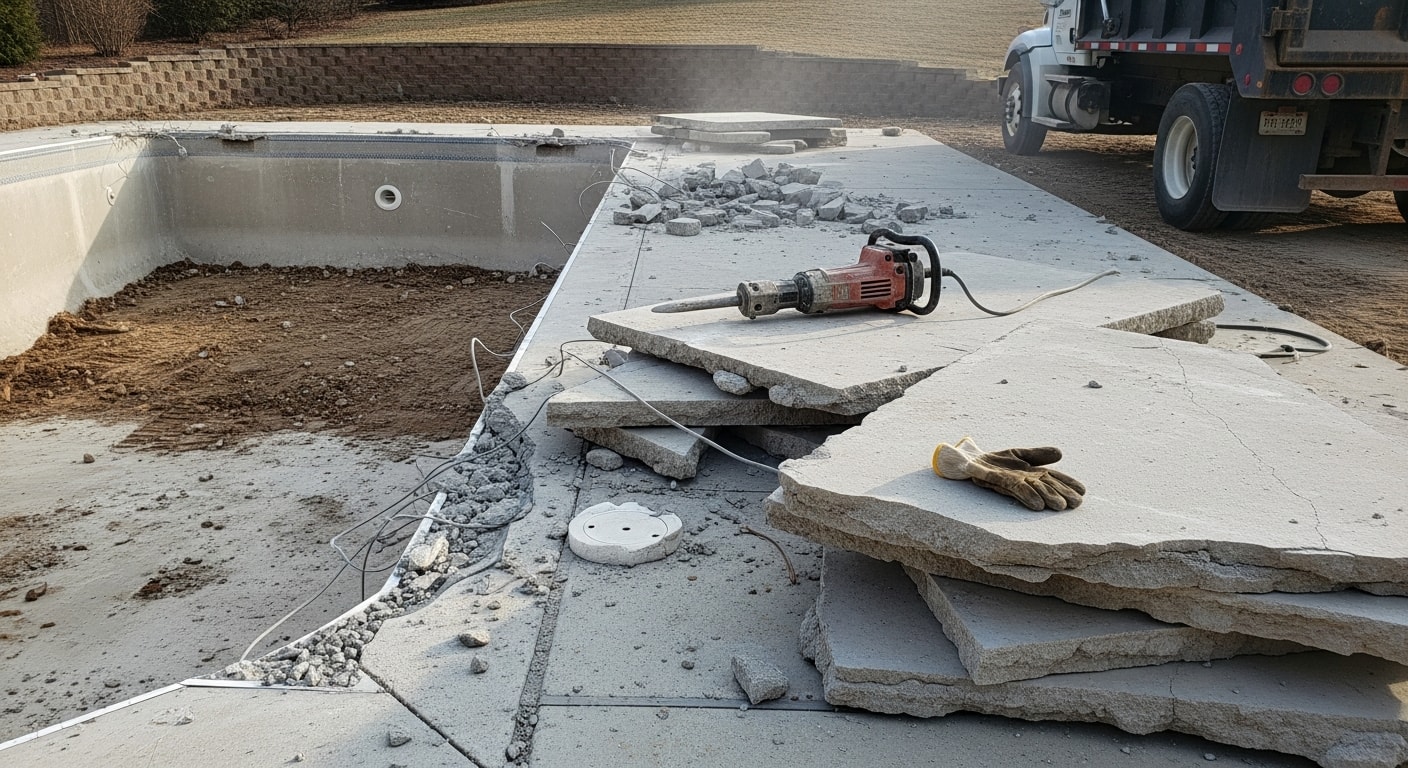 A concrete pool deck being broken apart and removed by a demolition crew at a residential property in Northern Kentucky. The surrounding yard is clear and the debris is staged for haul-off.