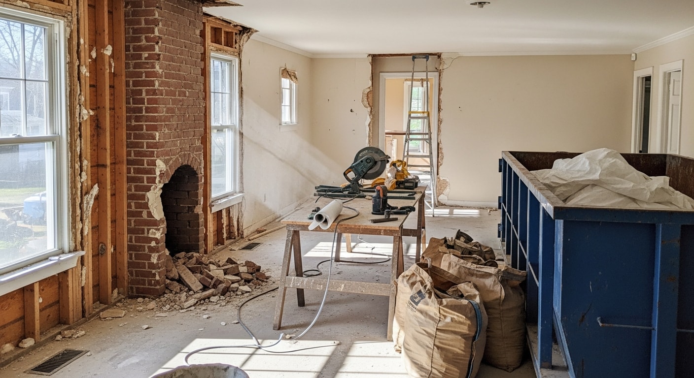 A Demo Brothers crew member carefully removing an interior wall section inside a Northern Kentucky home, with surrounding drywall and flooring left fully intact. Debris is stacked and ready for removal in a cleared residential work area.