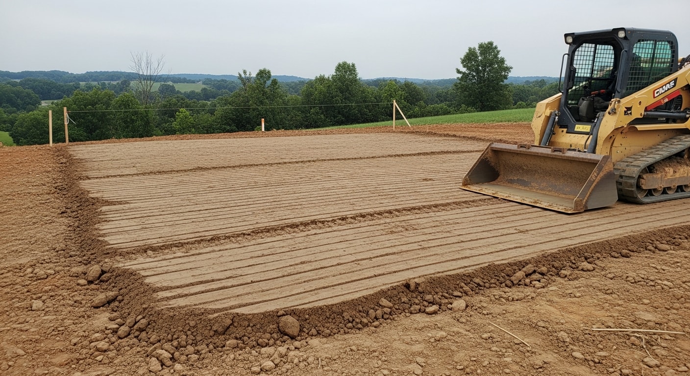 A Demo Brothers excavator grading and leveling a cleared residential lot in Northern Kentucky, with exposed soil shaped for drainage and a flat building pad visible in the foreground.