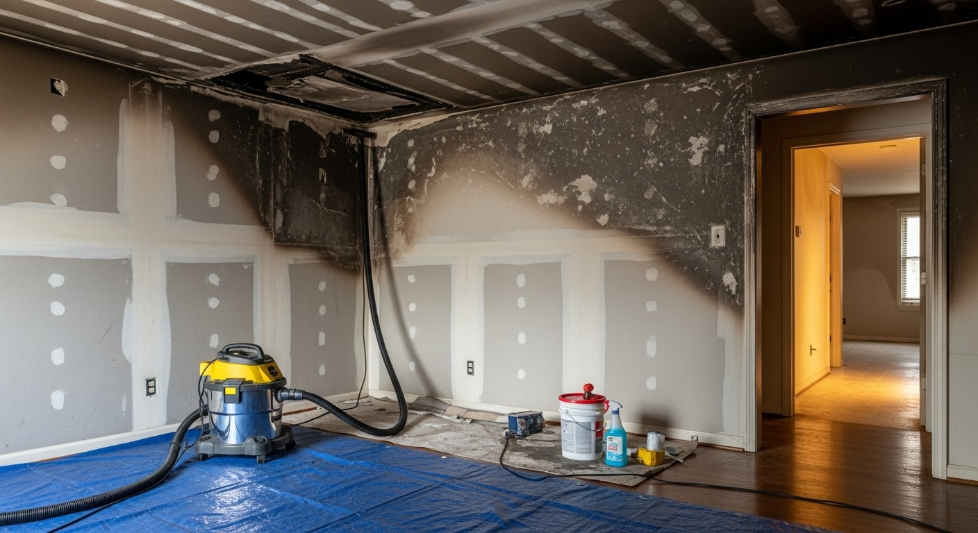A Northern Kentucky home interior showing a technician cleaning soot from a wall surface after a fire, with professional equipment staged nearby. The room shows visible smoke residue on the ceiling and upper walls prior to restoration.