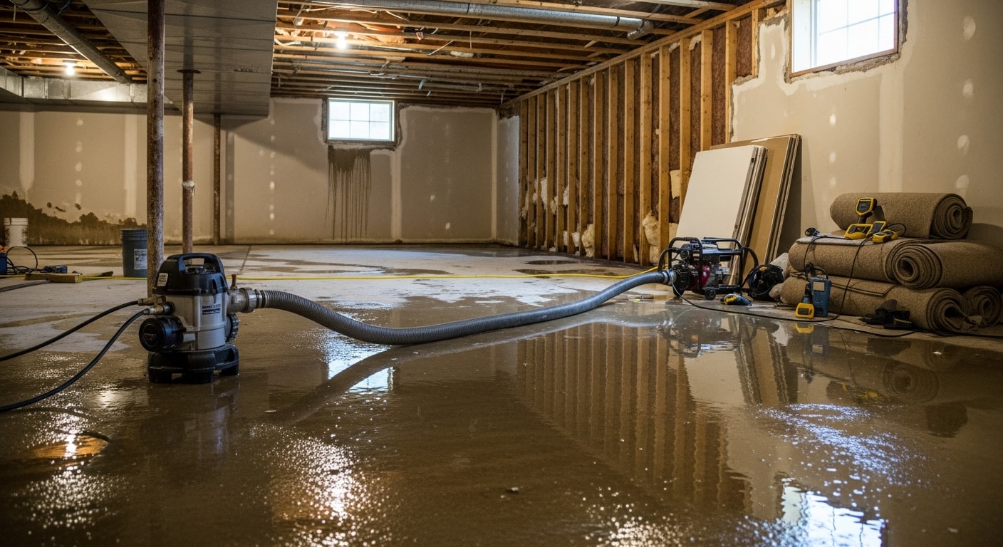 A water-damaged basement in a Northern Kentucky home with wet drywall, standing water on the concrete floor, and a dehumidifier running during the extraction and drying process. A restoration technician in protective gear uses a moisture meter to check the base of an interior wall.