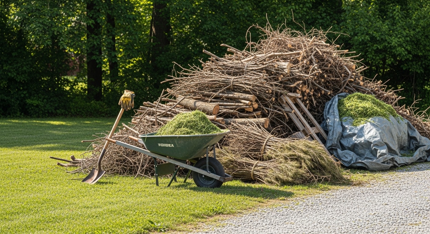 A cleared Northern Kentucky backyard after yard waste removal, with a large pile of branches, brush, and leaves loaded into a hauling truck by the Demo Brothers crew. The lawn behind the truck is open and free of debris.